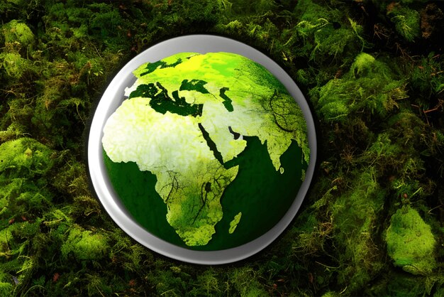 Terra com múltiplas árvores e plantas globo vidro em musgo verde natureza fundo generativo ai