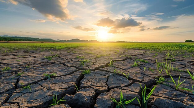 Terra com solo seco e rachado e campo verde Deserto Fundo de aquecimento global