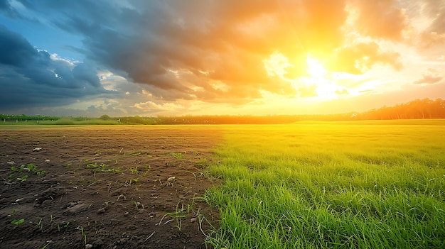 Foto terra com solo seco e rachado e campo verde deserto fundo de aquecimento global