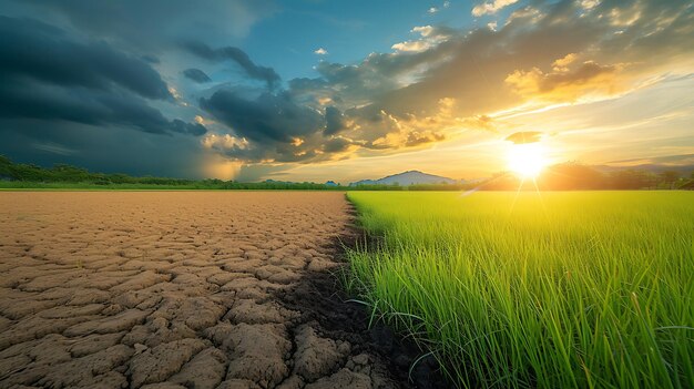 Foto terra com solo seco e rachado e campo verde deserto fundo de aquecimento global