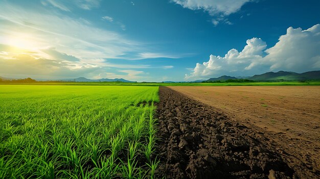 Terra com solo seco e rachado e campo verde deserto fundo de aquecimento global