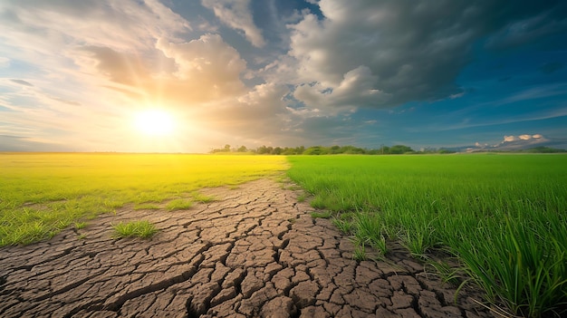 Terra com solo seco e rachado e campo verde deserto fundo de aquecimento global