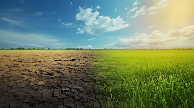 Foto terra com solo seco e rachado e campo verde deserto fundo de aquecimento global