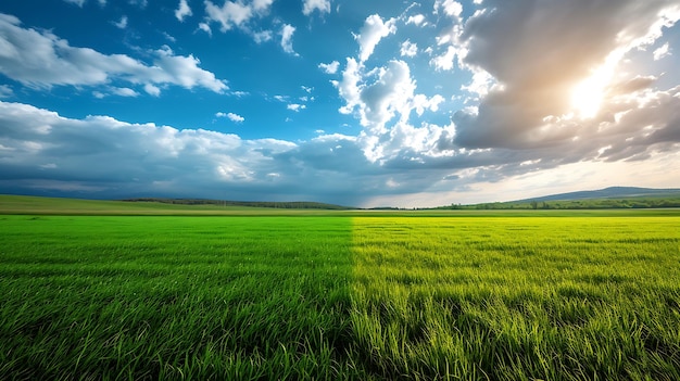 Foto terra com solo seco e rachado e campo verde deserto fundo de aquecimento global