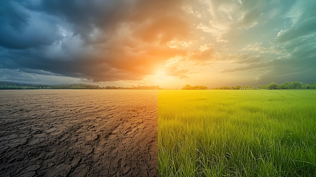 Terra com solo seco e rachado e campo verde Deserto Fundo de aquecimento global