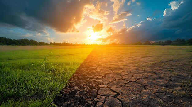 Terra com solo seco e rachado e campo verde Deserto Fundo de aquecimento global