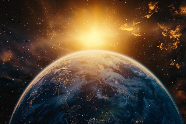 Terra com um pôr-do-sol ao fundo