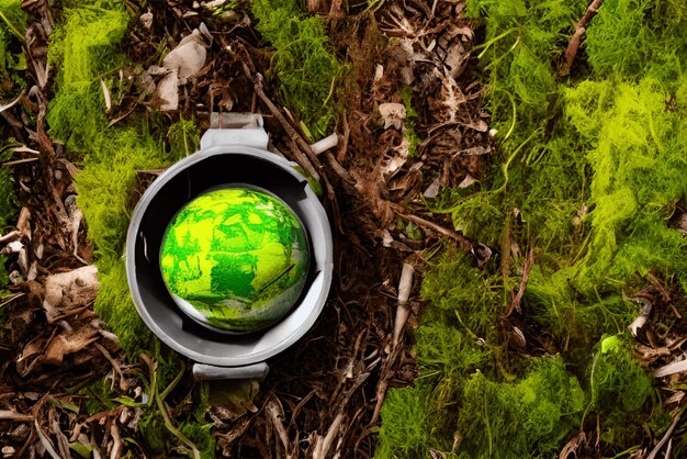 Terra com várias árvores e plantas globo de vidro em fundo de natureza musgo verde generativo ai