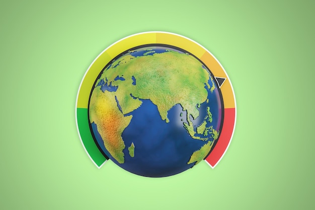 Terra criativa do globo com escala climática no fundo verde Renderização 3D do conceito de aquecimento global