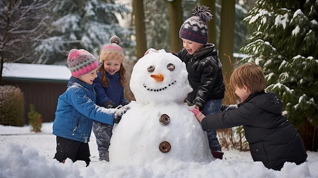Foto terra das maravilhas de inverno brincalhão escultura de neve ao ar livre diversão criação alegre atividade familiar alegria nevada amigo gelado gerado por ia