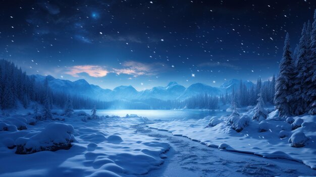 terra das maravilhas de inverno fantástica paisagem de inverno coberta de neve à noite