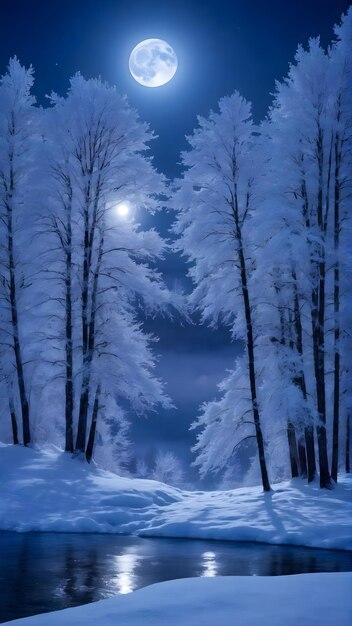 Terra das Maravilhas de Inverno iluminada pela lua com árvores nevadas e rio congelado