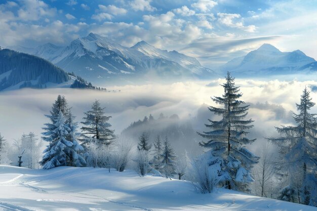 Foto terra das maravilhas de inverno montanhas cobertas de neve e vales nebulosos