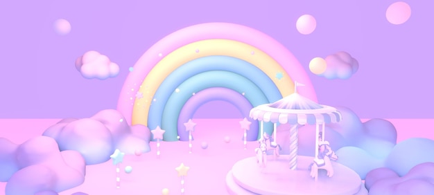 Terra de arco-íris pastel renderizada em 3D com carrossel