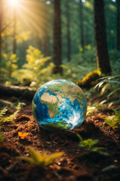 Terra de cristal no solo na floresta com conceito de natureza pelo Dia Mundial da Terra