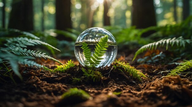 Terra de cristal no solo na floresta com samambaias e luz solar O conceito do Dia da Terra para o Meio Ambiente