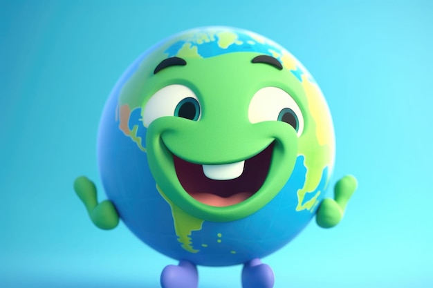 Terra de desenho animado bonito com rosto sorridente Planeta verde e azul Generative AI