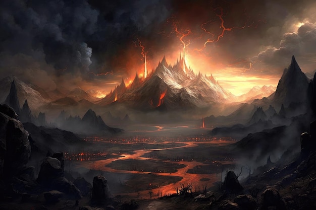 Terra de Mordor com vista para a cordilheira cheia de fogo e céus esfumaçados