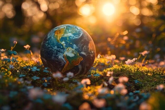 Terra encantadora num prado em flor ao pôr-do-sol Uma visão de harmonia mundial