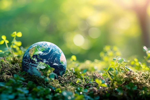 Terra global em solo em floresta com samambaias e brilho do sol