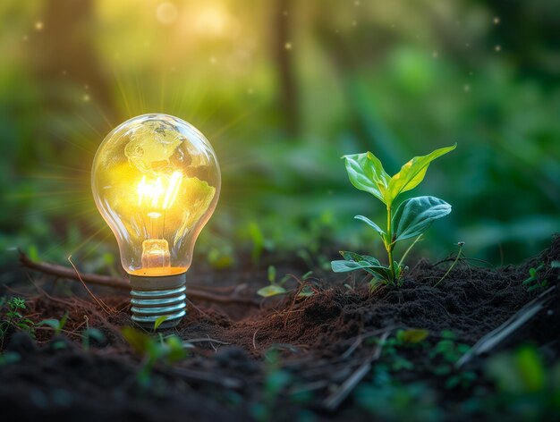 Foto terra na lâmpada de luz em fundo vegetal verde energia renovável e protecção do ambiente