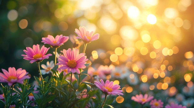 Terra natural de primavera com flores, sol queimado e espaço de cópia.