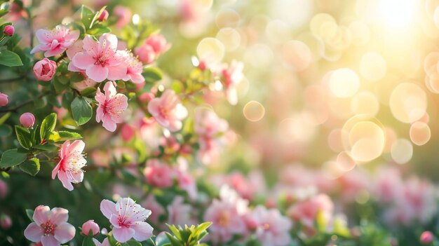 Terra natural de primavera com flores, sol queimado e espaço de cópia.