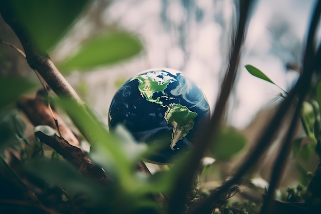 Foto terra no solo na floresta com mudas e luz solar o conceito do dia da terra do meio ambiente feliz dia da terra gerativo ai