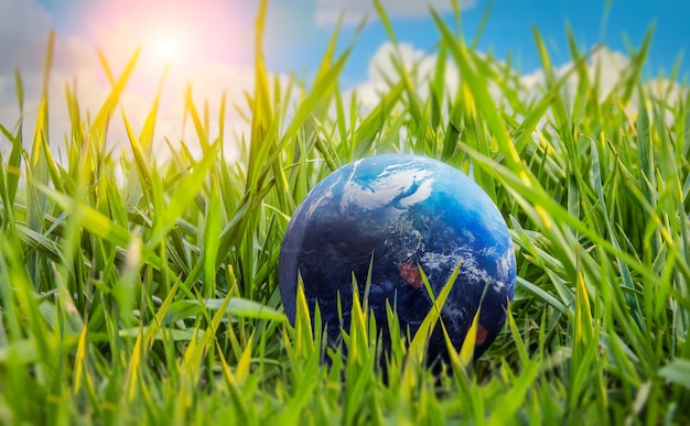 Terra planeta esfera na grama natureza aquecimento global salve o meio ambiente