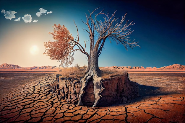 Terra rachada abstrata no deserto com uma árvore seca Generative AI Generative AI