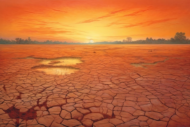 Terra seca ao pôr do sol representando a seca e a falta de água conceito de mudança climática Generative AI