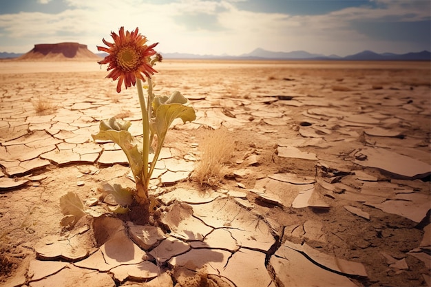 Foto terra seca e uma planta moribunda verão quente causado por el nino