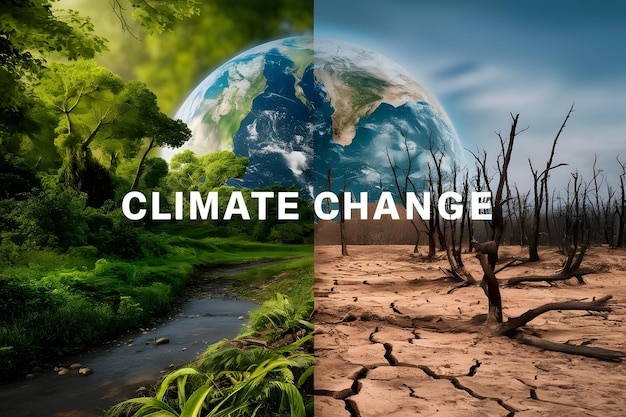 Foto terra seca versus terra verde divisão fotografia cartaz de mudança climática