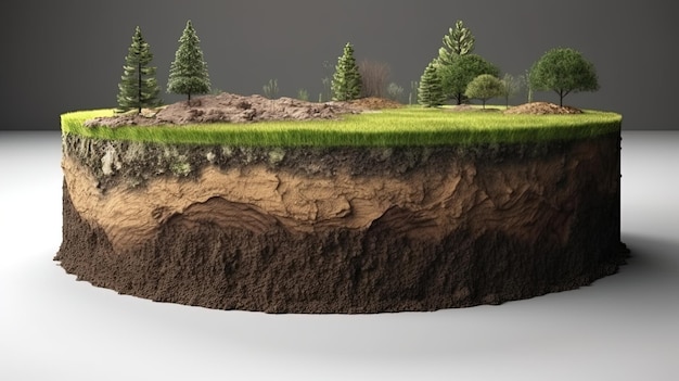 Terra terra Camadas de solo Ilustração 3D terra redonda seção transversal do solo paisagem flutuante ilha flutuante de fantasia