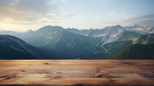 Terraça de mesa de madeira com atmosfera fresca da manhã paisagem natural