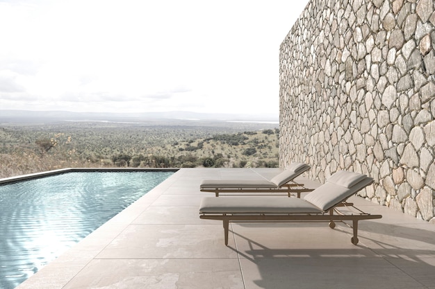 Foto terraço ao ar livre com design moderno escandinavo e espreguiçadeiras ilustração 3d render