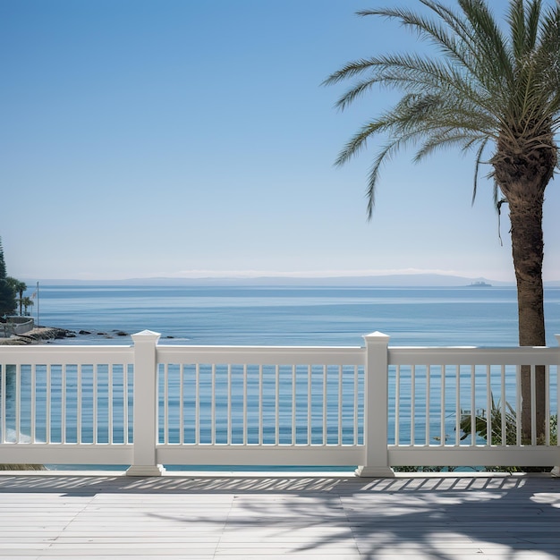 terraço com cerca branca de madeira com vista para o oceano