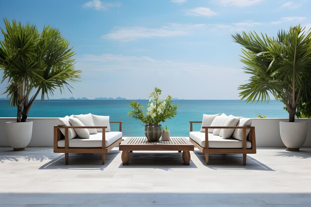 Terraço com vista para o mar ou sala de estar ao ar livre com sofá de plantas tropicais em casa de praia de luxo