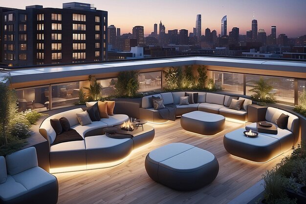 Terraço contemporâneo no telhado com cápsulas de salão embutidas com assentos rotativos a 360 graus para uma visão dinâmica da cidade