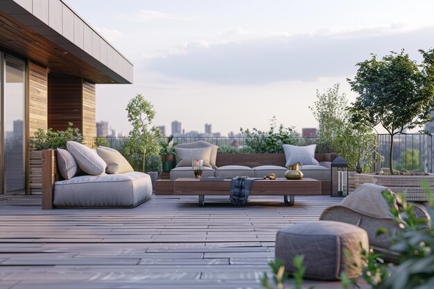 Terraço contemporâneo no telhado com vistas para a cidade