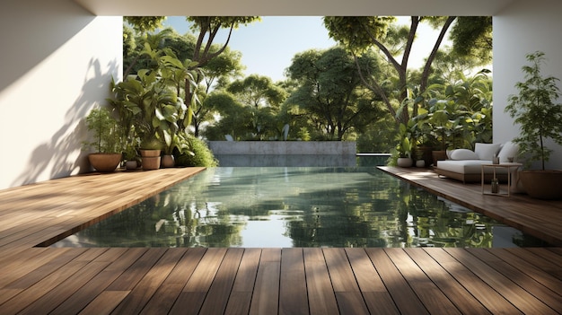 Terraço da piscina de estilo moderno com parede em branco para espaço de cópia Há piso de madeira