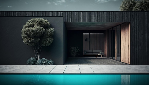 Terraço de villa moderna com piscina chill zone Generative AI