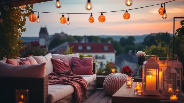 terraço do café do lado de fora lanterna desfocada luz de velas sofá macio flores e árvores no jardim