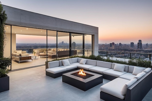Terraço minimalista no telhado com piso de concreto elegante, assentos modulares e grades de vidro que oferecem vistas desobstruídas da cidade