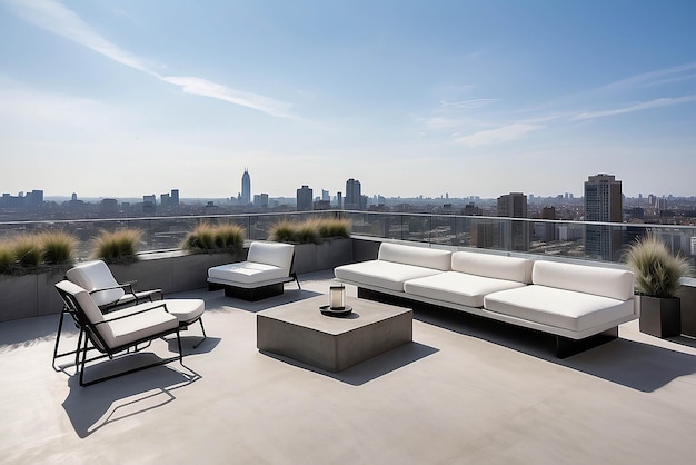 Foto terraço minimalista no telhado com piso de concreto elegante, assentos modulares e grades de vidro que oferecem vistas desobstruídas da cidade