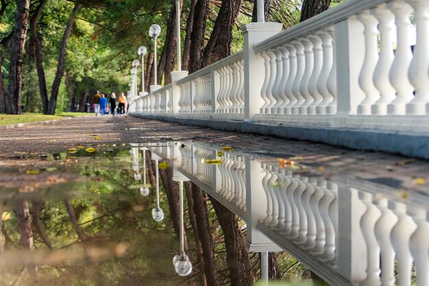 El terraplén con una balaustrada después de la lluvia La balaustrada se refleja en un charco