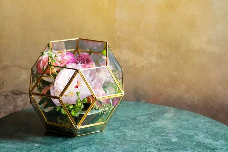 Foto terrário de flores decorado sobre uma mesa