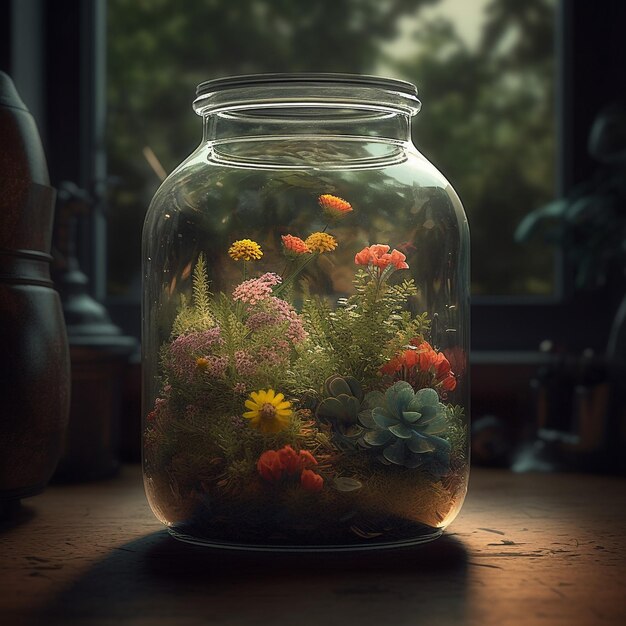 un terrario de frasco de vidrio lleno de plantas con flores muy detallado