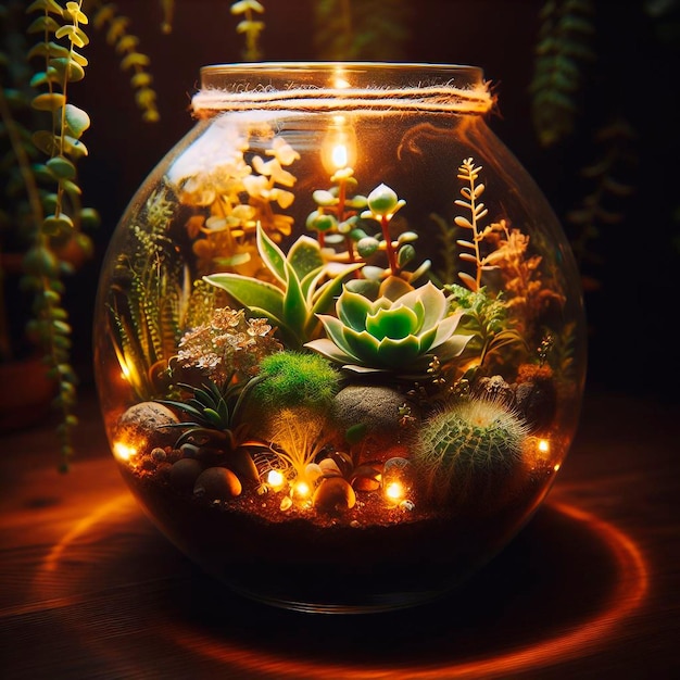 Terrario con plantas y flores en un frasco de vidrio con luz tenue