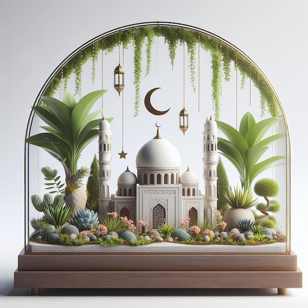 Terrario renderizado con miniaturas y plantas inspiradas en el Ramadán en fondo blanco